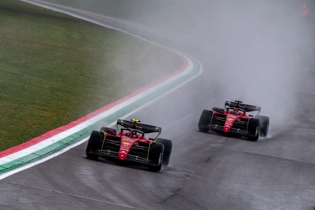 Carlos Sainz (car 55) and Charles Leclerc (car 16) delight the crowds on a damp day