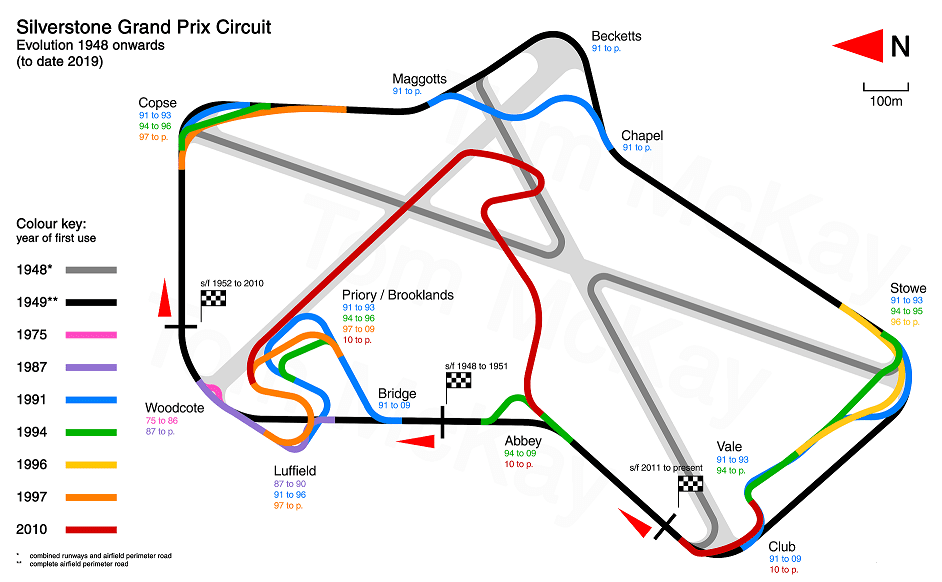 Layout changes at Silverstone between 1948 and 2019
