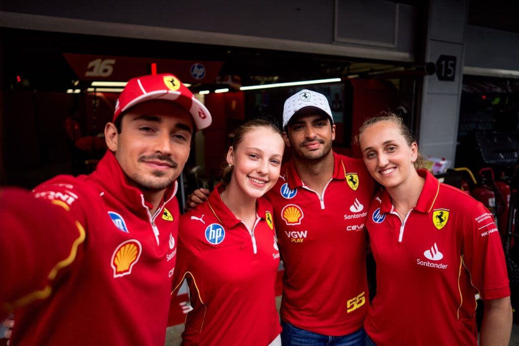 Ferrari Driver Academy Drivers Maya Weug and Aurelia Nobels with the 2024 Driver line up of Charles Leclerc and Carlos Sainz. 