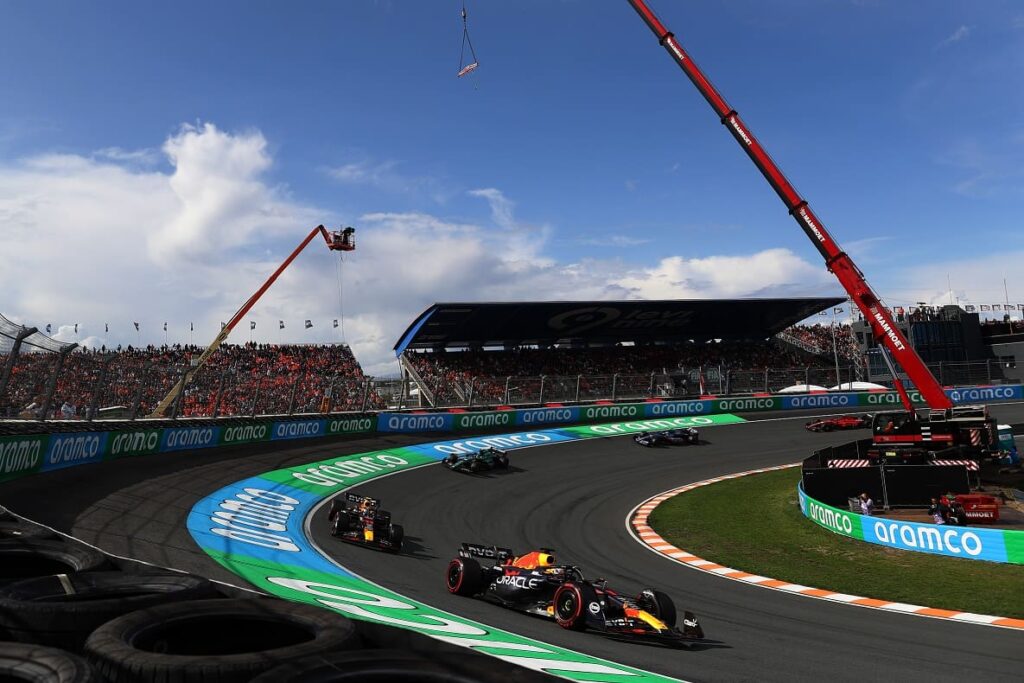 ZANDVOORT, NETHERLANDS - AUGUST 27: Max Verstappen of the Netherlands driving the (1) Oracle Red Bull Racing RB18 leads Sergio Perez of Mexico driving the (11) Oracle Red Bull Racing RB18 during the F1 Grand Prix of The Netherlands at Circuit Zandvoort on August 27, 2023 in Zandvoort, Netherlands. (Photo by Peter Fox/Getty Images) // Getty Images / Red Bull Content Pool // SI202308271072 // Usage for editorial use only //