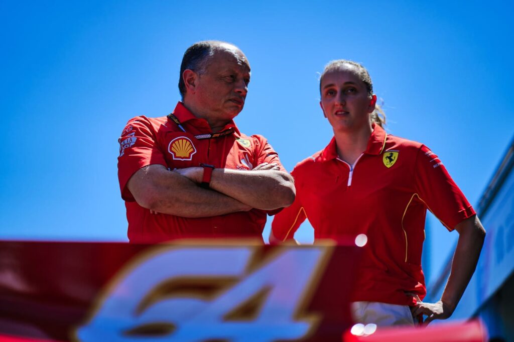 F1 Academy Driver Maya Weug with Ferrari Team Principal Frédéric Vasseur.
