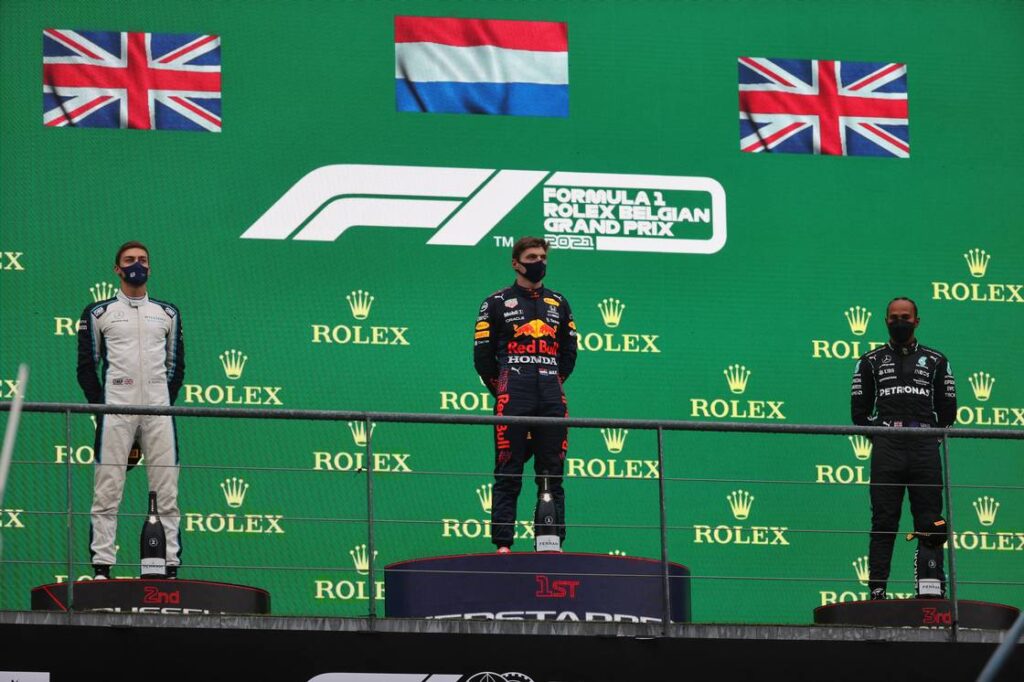 The podium (L to R): George Russell (GBR) Williams Racing, second; Max Verstappen (NLD) Red Bull Racing, race winner; Lewis Hamilton (GBR) Mercedes AMG F1, third.
Belgian Grand Prix, Sunday 29th August 2021. Spa-Francorchamps, Belgium.
