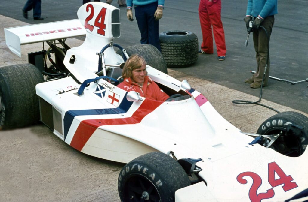 James Hunt (Britain) sat in the cockpit of the Hesketh 308