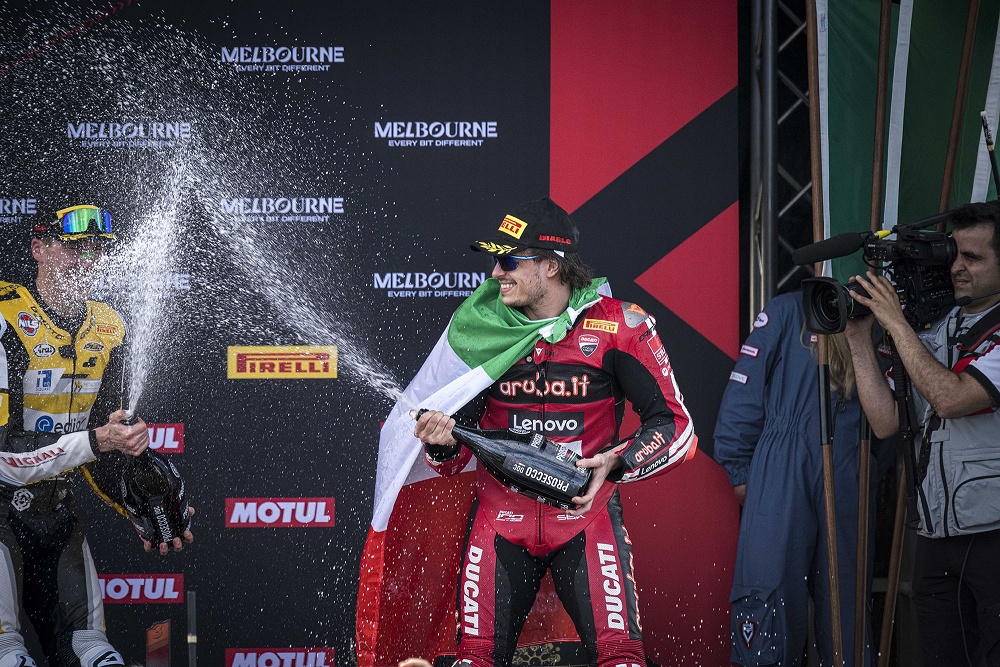 WorldSBK rider Nicolo Bulega celebrates victory (Aruba.It Racing - Ducati)